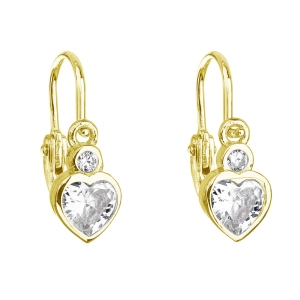 Pozlátené strieborné detské náušnice visiace so zirkónom biele srdce 11178.1