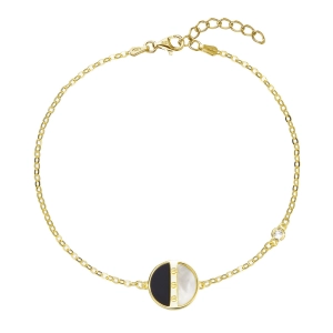 Pozlátený strieborný náramok retiazka s okrúhlym čiernoperleťovým príveskom 13026.1