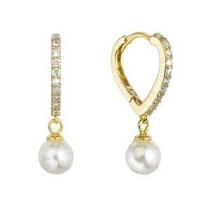 Pozlátené strieborné náušnice srdca so zirkónmi a visiacou perličkou shell 11426.1