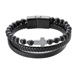 Náramok pánsky koženka a korálky s krížikom 43044.3 čierny 23cm