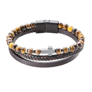 Pánsky náramok, koženka a korálky z tigrieho oka s krížikom 43044.3 hnedý 23cm