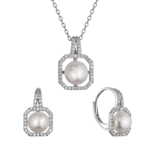 Perlová súprava s bielou riečnou perlou a zirkónmi štvorec 29083.1