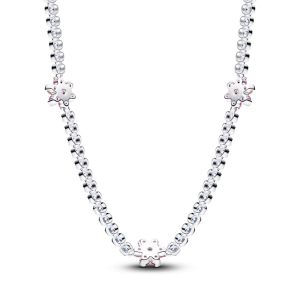 Pandora Strieborný choker s kvetinovým vzorom, ozdobným ružovým, čírym kubickým zirkónom a posuvnou sponou